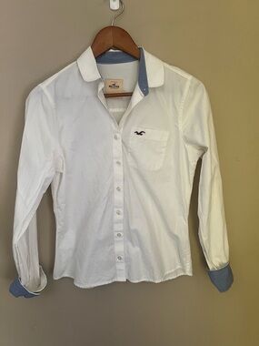 Hollister White Button-Down Shirt for Women with Blue Trim